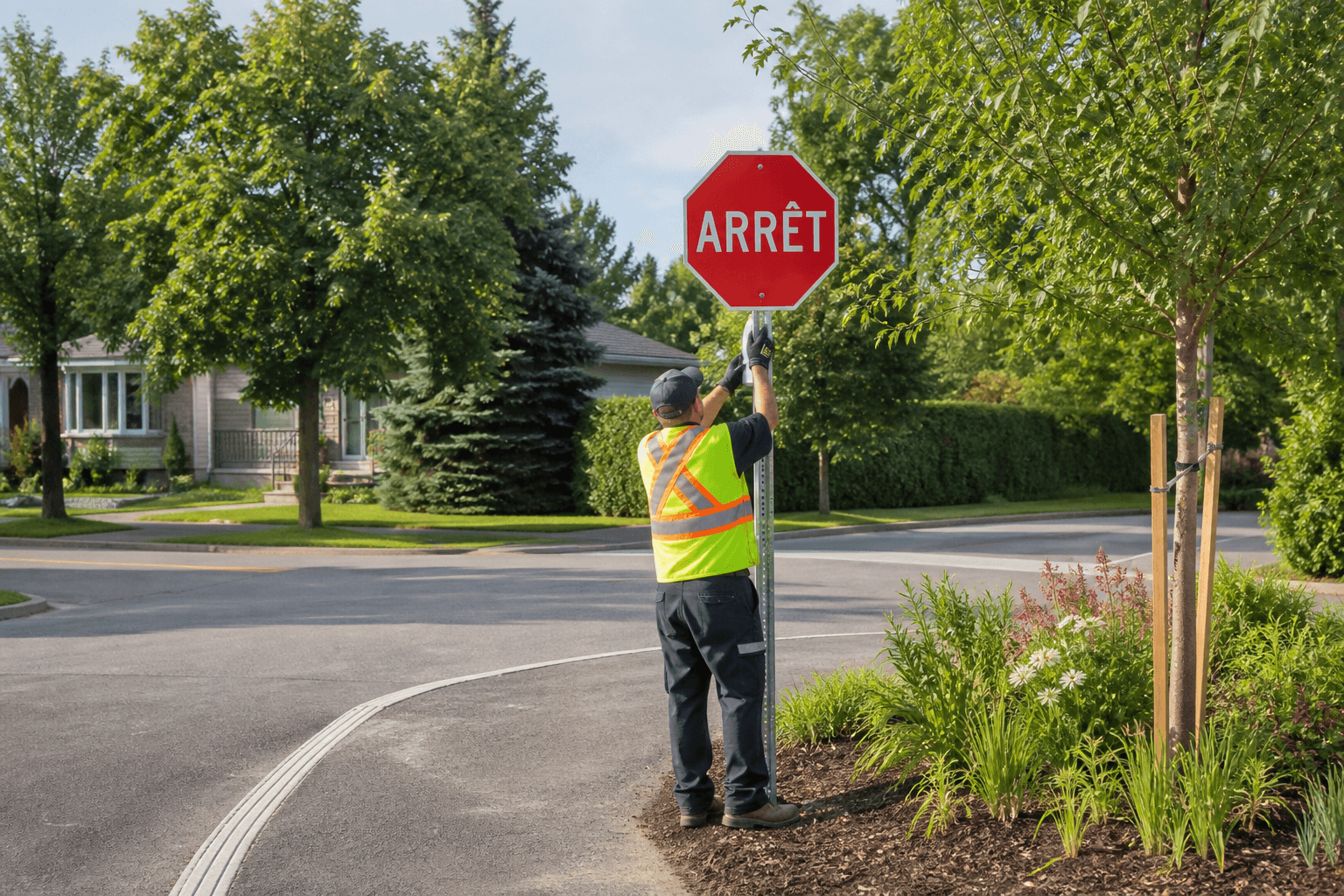 Installation d’un panneau ARRÊT dans un quartier fictif