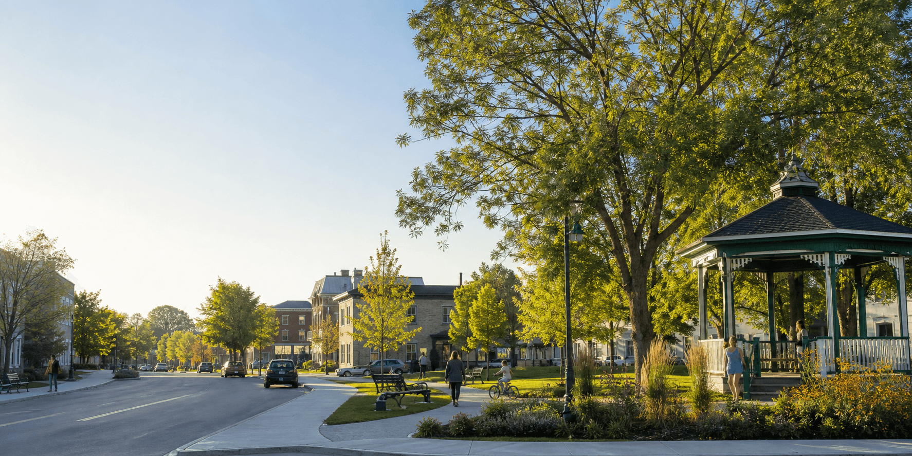 Parc et rue principale d’une municipalité fictive
